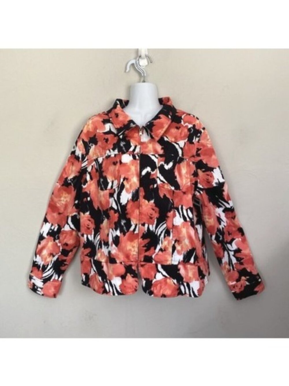 Erin London Women's Jacket Size XL Front Zip  Pockets Orange Pink Floral Office